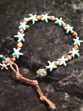 Turquoise Starfish Bead Anklet Bracelet with Brown Accent Stones - 10 To 12 In L